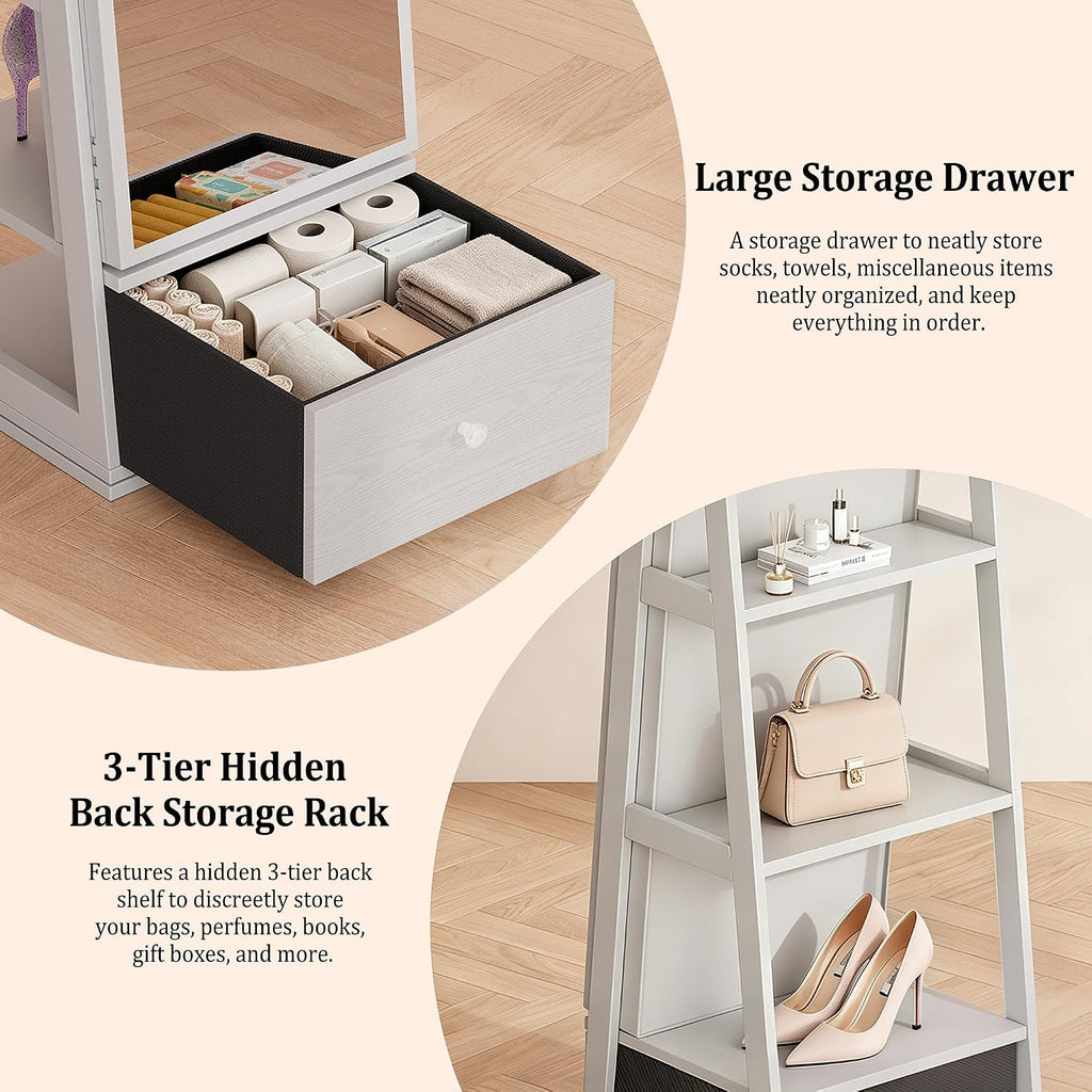 360° Swivel Jewelry Armoire With Drawer, Full Length Mirror, White