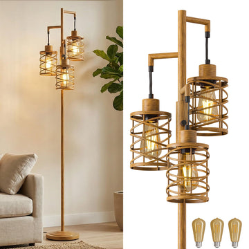 70" Industrial Floor Lamp, Stepless Dimmable Standing Lamp with 3 Bulbs, Farmhouse Corner Standing Tree Lamp, Tall