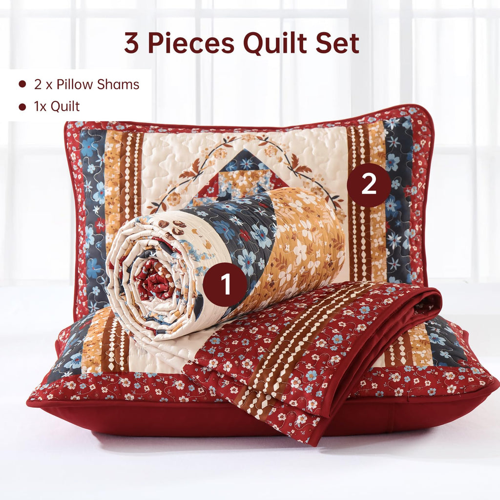 Patchwork Quilt Bedding Set, Red Farmhouse Floral Bedspread