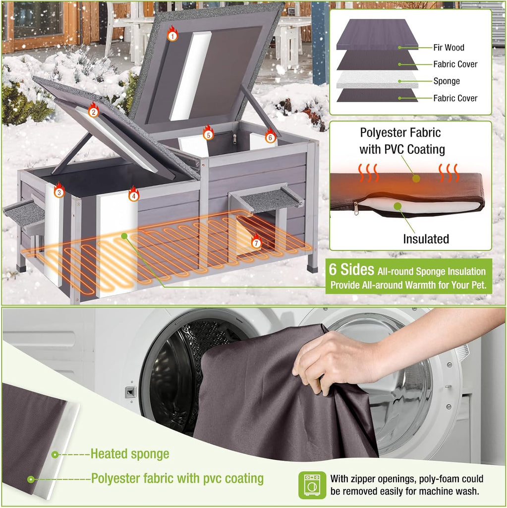 Heated Cat House Outdoor Feral Kitty Shelter with Insulated & Heated Liner Weatherproof Roof Cat Home