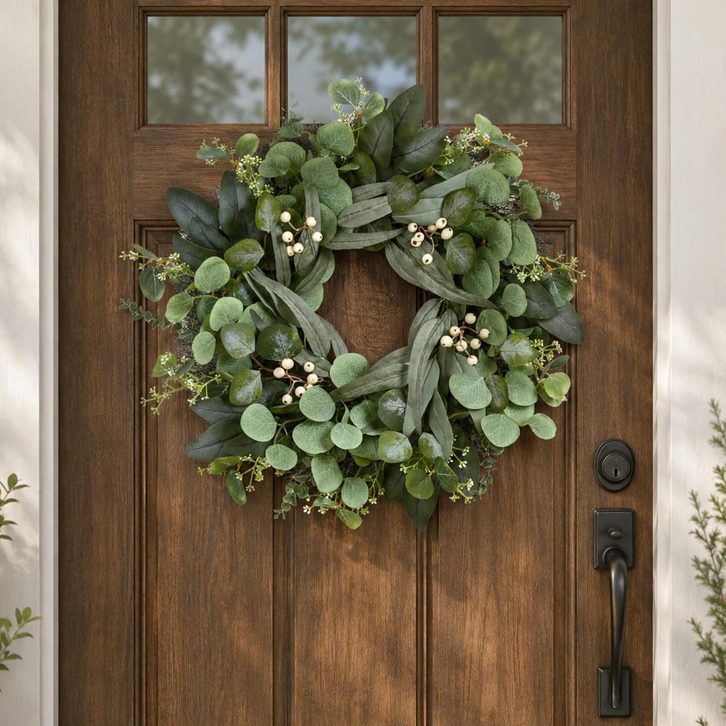 24 Inch Eucalyptus Wreath for Front Door, Artificial Greenery Wreath with White Berries, Green Door Decor Outdoor