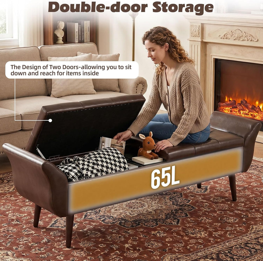 Storage Ottoman Bench 64''Length 65L Faux Leather End of King Bed Bench