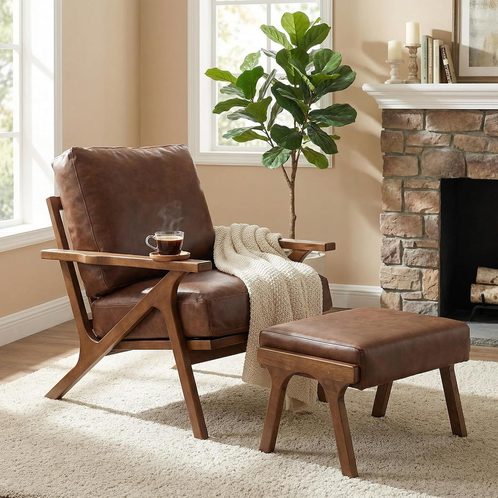 Mid-Century Modern Leather Accent Chair with Ottoman, Upholstered PU Leather Armchair with Solid Wood Frame, Comfy - Set of 2