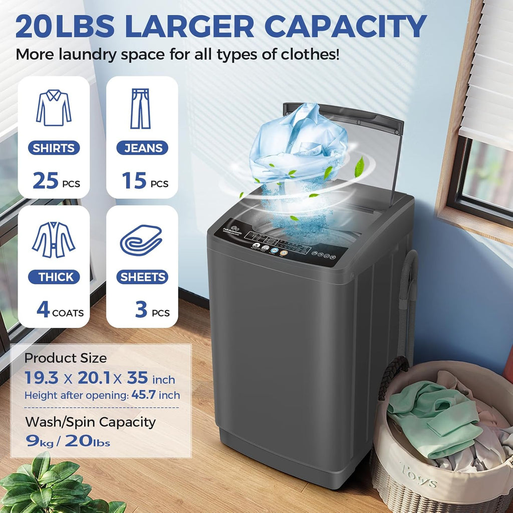 Portable Washing Machine, 20Lbs Capacity Full-Automatic Portable Washer Machine, 2.8Cu.ft Compact Laundry Machine with