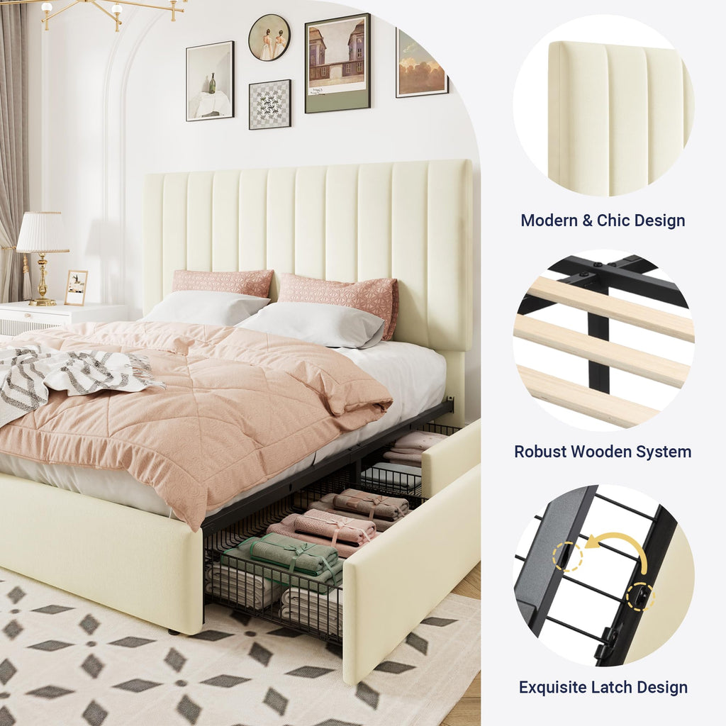 Full Size Storage Bed Frame, Vertical Channel Tufted Adjustable Headboard, Velvet Upholstered Platform Bed with 4
