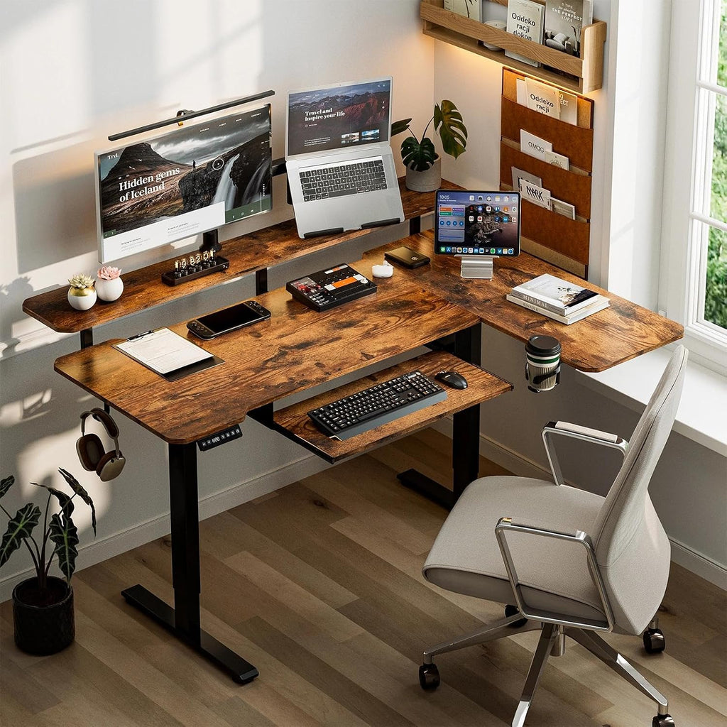 59 Inch L Shaped Standing Desk with Shelves and Keyboard, Electric Corner Standing Desk Adjustable Height, Sit Stand