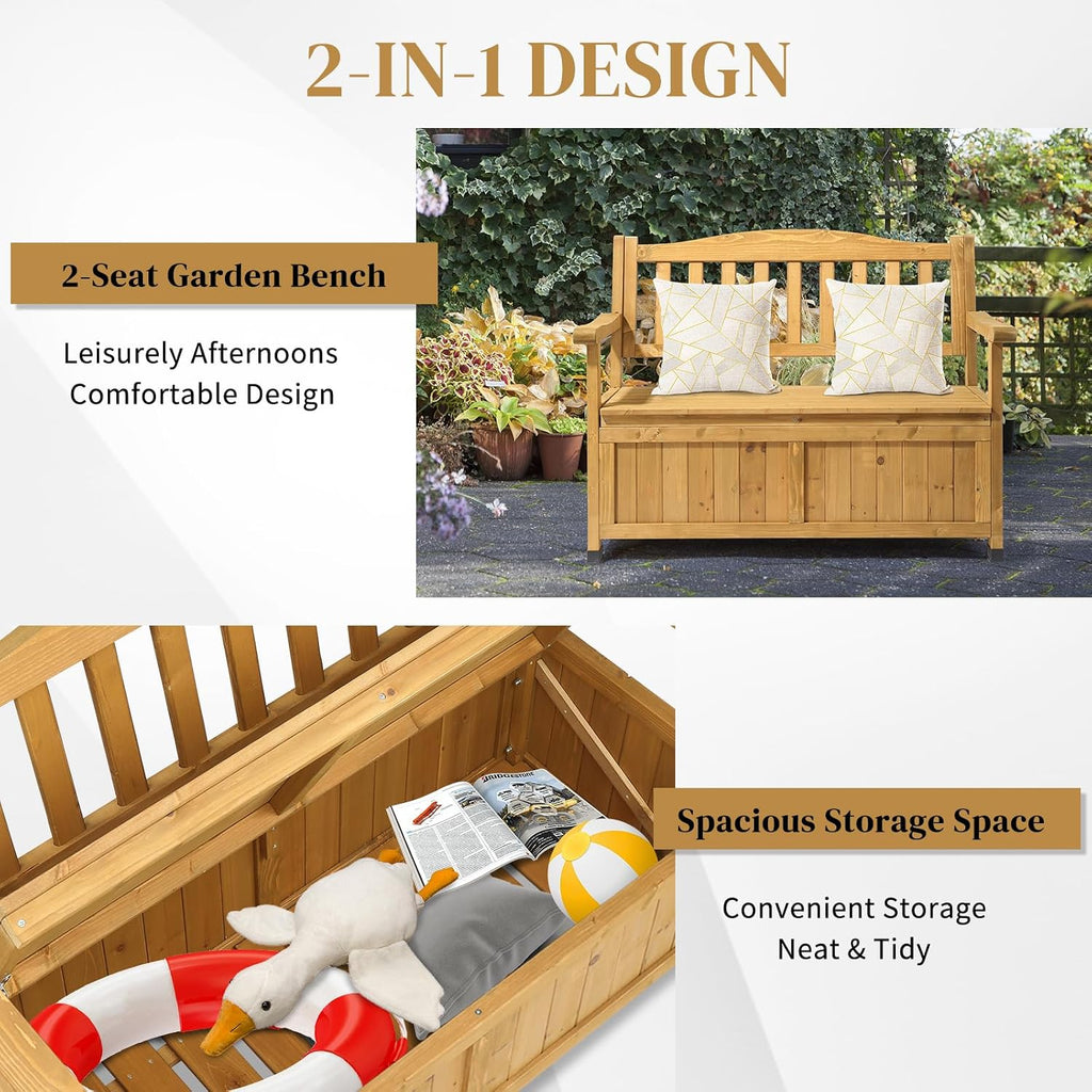 Outdoor Wooden Storage Bench, Large Deck Box with Seating & Armrest, Patio Organizer Loveseat for Garden Porch