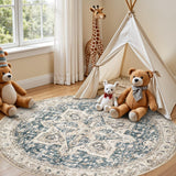 8' Round Area Rug Living Room Rugs - Washable Boho Rug Vintage Oriental Distressed Farmhouse Large T