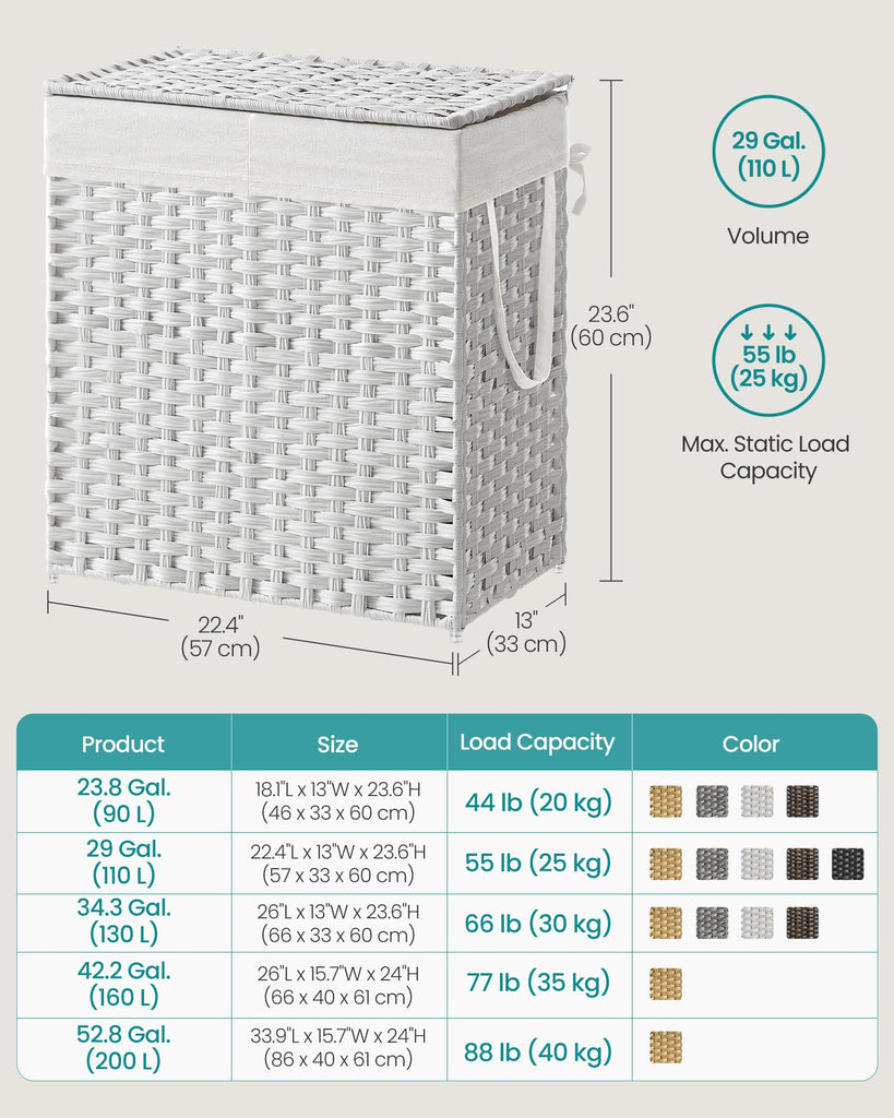Laundry Hamper with Lid, 110L Double Wicker Basket, 6 Mesh Bags
