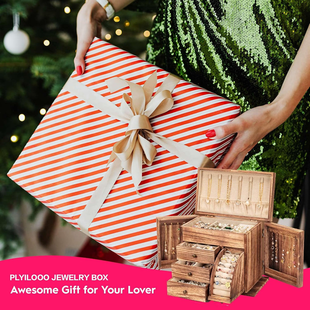 Jewelry Box Organizer, Solid Wood Jewelry Boxes for Women for Storage & Display Necklace Ring Earring Bracelet