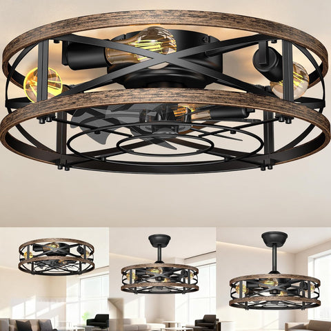 20in Caged Ceiling Fan with Lights, Low Profile Ceiling Fan