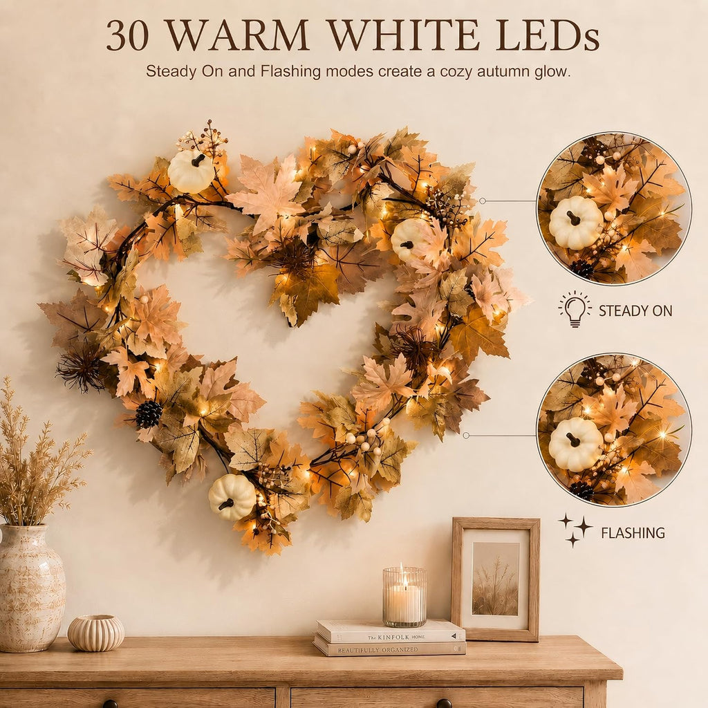Fall Decor Garland with Lights, 6Ft, 30 Warm LED, White Pumpkins