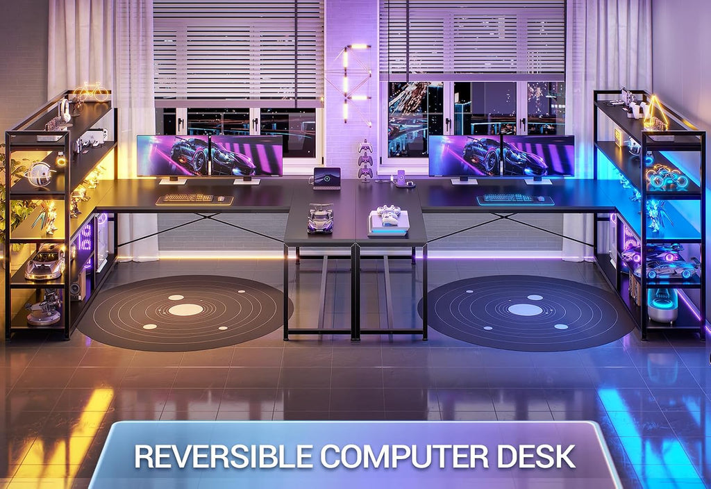 L Shaped Gaming Desk, 63'' Reversible Computer Desk with Power Outlet and Storage Shelves, Corner Gaming Desk with