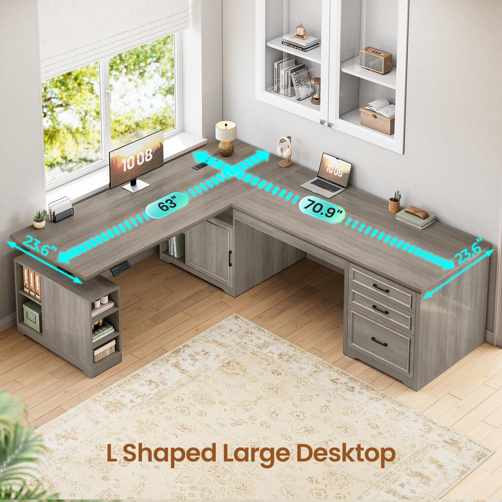 Farmhouse L Shaped Standing Desk with Storage, Grey