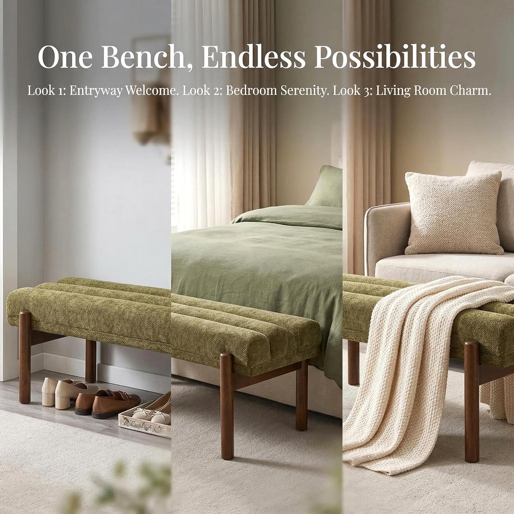 Green Modern Bench End of Bed Entryway Living Room | Chenille Fabric, Wooden Legs, 47" Long, Upholstered, Vintage Mid