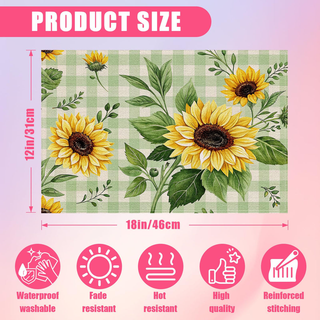 Blooming Sunflowers Placemats Set of 6,12x18 Inch Green Checkered Linen Place Mat Washable Stain Resistant Table Mats