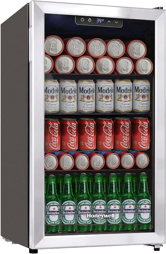 Beverage Refrigerator and Cooler, 116 Can Mini Fridge with Glass Door for Soda B