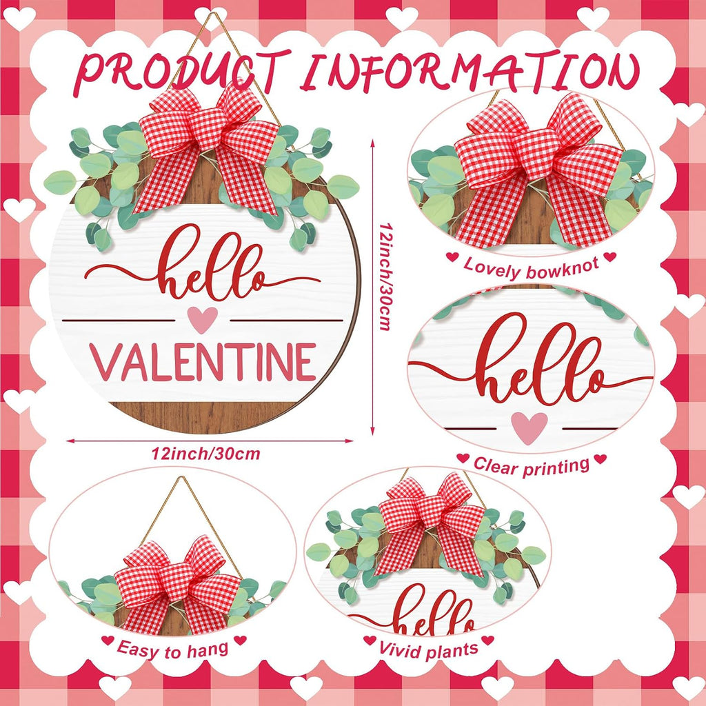 Hello Valentine's Day Sign for Front Door 12 Inches Wood Red Pink Round with Bow Valentine's Day Door Wreath Hanger