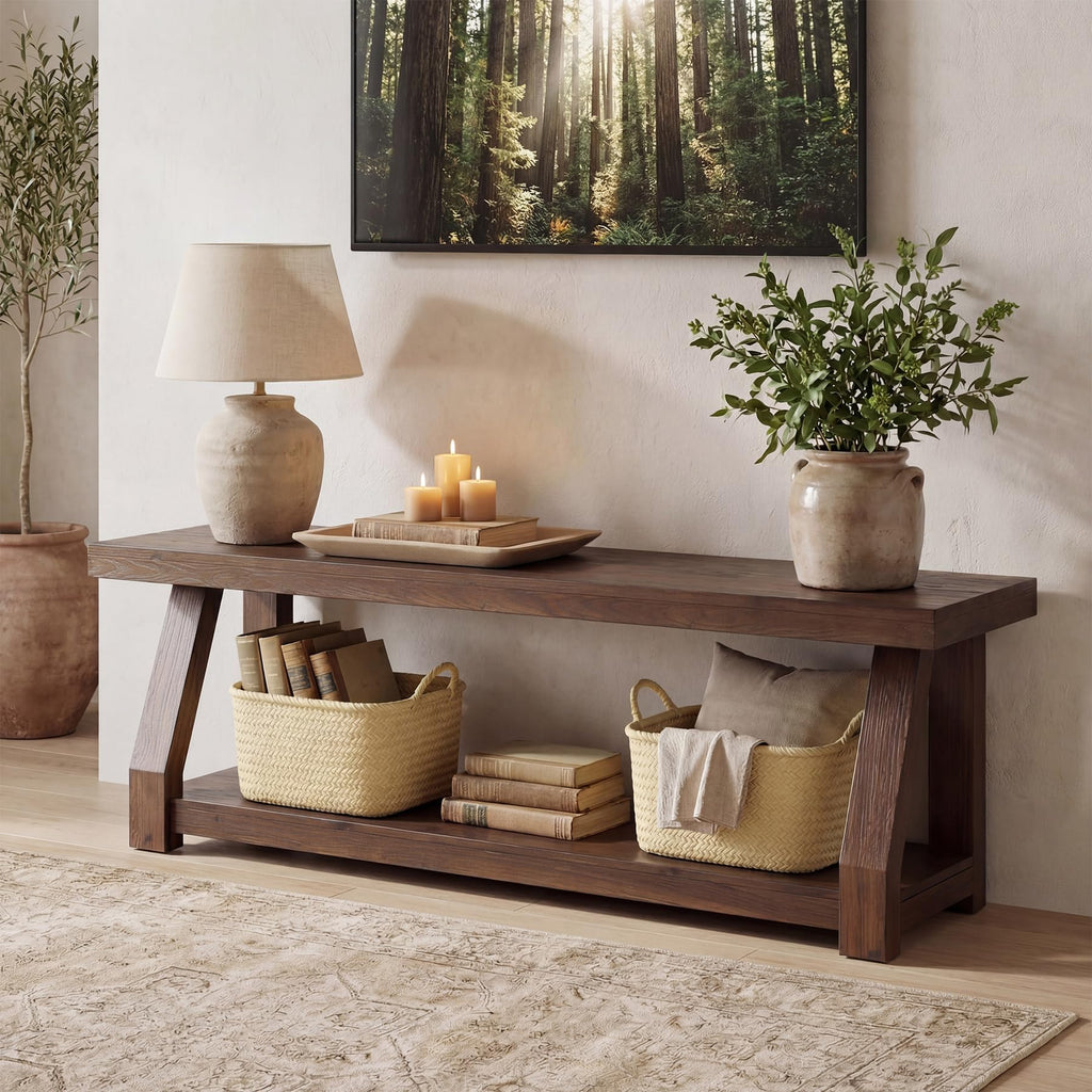 63" Solid Wood TV Stand, 2-Tier Media Console with Open Storage, Farmhouse Entertainment Center, Easy Assembly, Rich