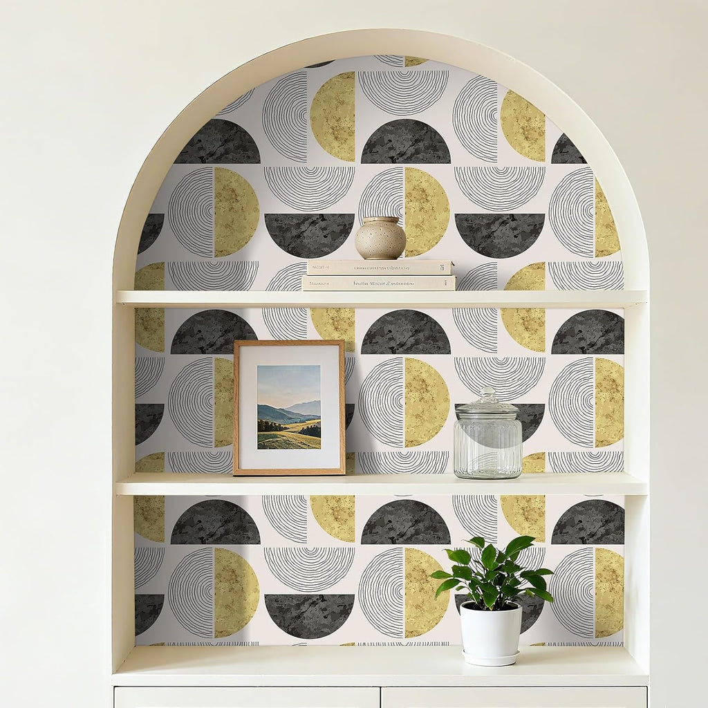 17.5"x275" Mid Century Modern Geometric Peel and Stick Wallpaper Gold Black Half Circle Wallpaper Bedroom Wall Paper