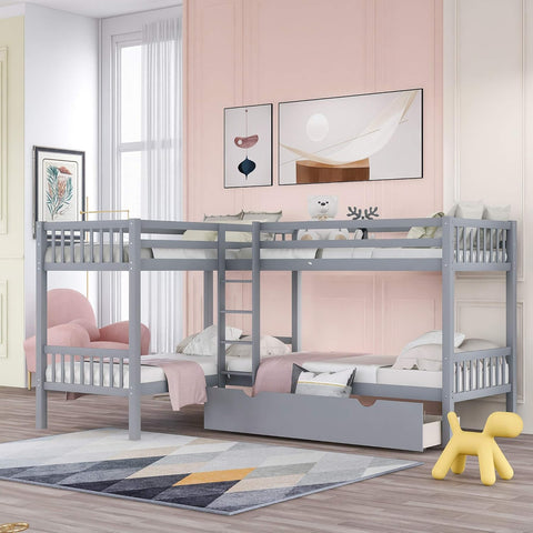 Twin L-Shaped Bunk Bed with Storage Drawers, Wooden Bunk Bed for 4, Grey