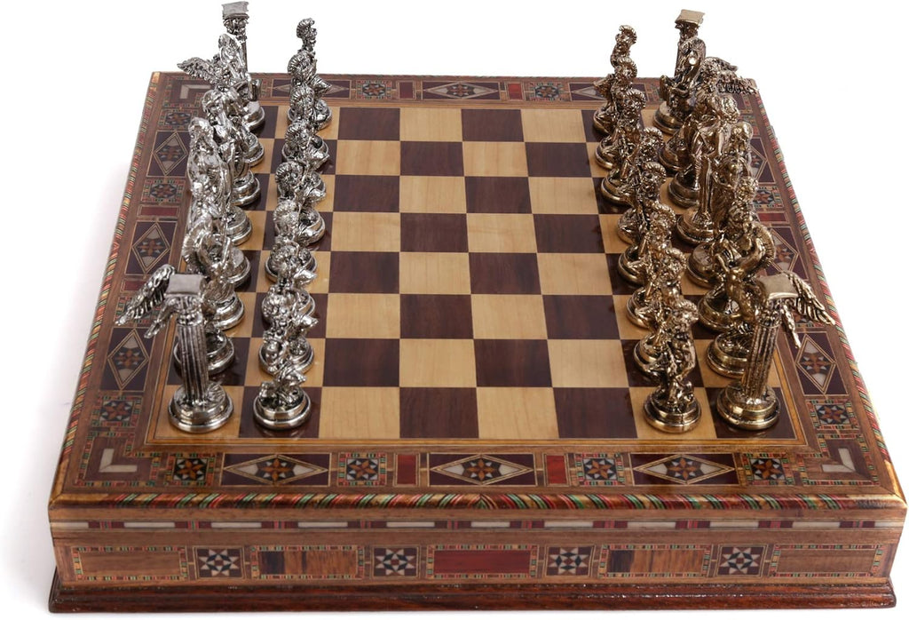 Medium Mythologic Pegasus Metal Chess Set for Adults,Handmade Pieces and Natural Solid Wooden Chess Board