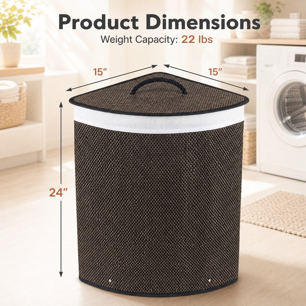 57 L Corner Bamboo Laundry Hamper with Lid, Removable Liner