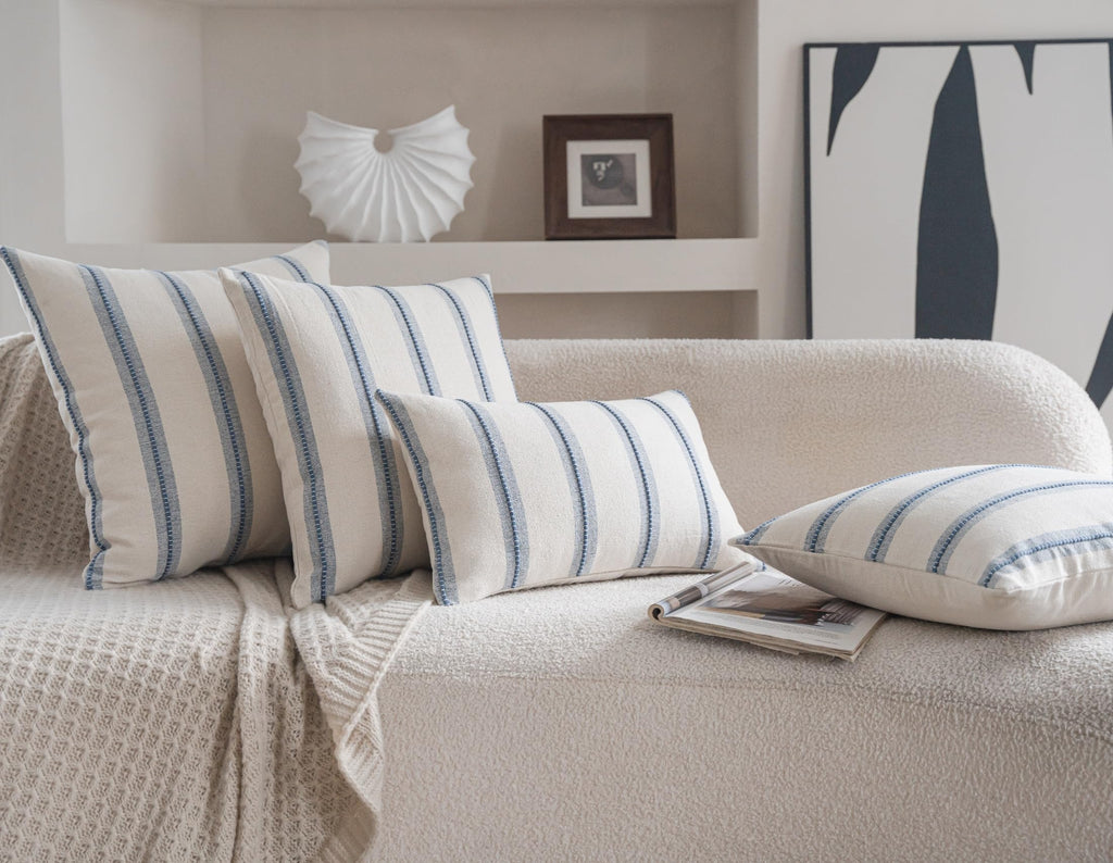 Boho Lumbar Throw Pillow Covers 12x20 Set of 2, Beige and Blue Striped Decorative Pillow Cases for Couch Chair Bed