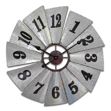 24 Inch Rustic Windmill Wall Clock - Galvanized Metal Farmhouse Decor, Silent Battery Operated Vintage Industrial