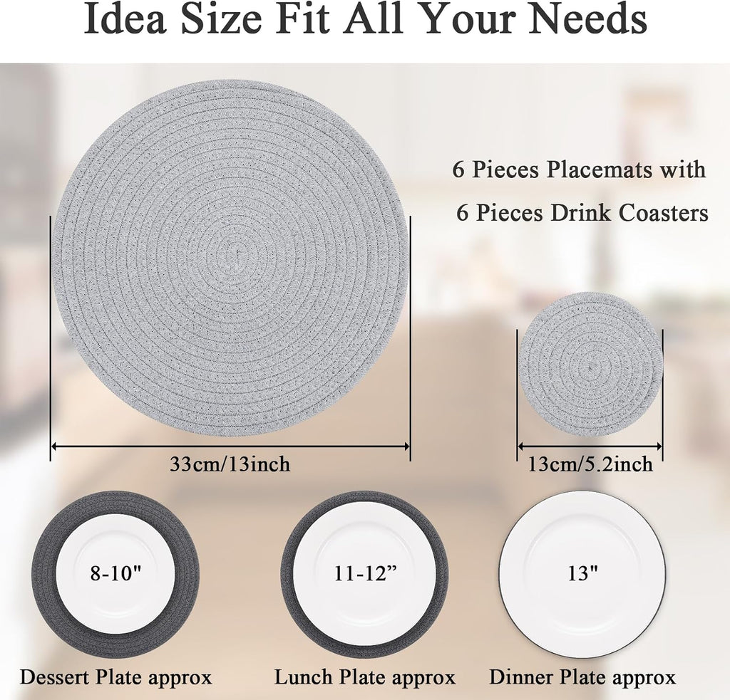 Woven Rope Round Placemats with Coasters, 13inch + 5.2inch - Set of 6