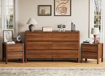 Walnut Mid-Century Modern 3 Piece Bedroom Furniture Set, 6 Drawer Dresser with Handleless Wood Grain Design and
