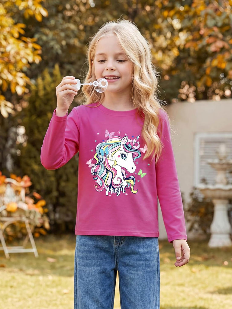 4 Pack Girls Long Sleeve Printed Shirts Cotton Crew Neck Tops