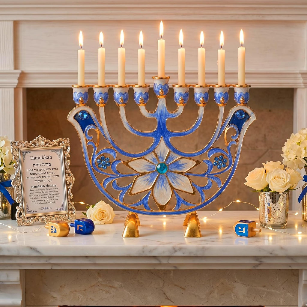 Hand Painted Blue and Ivory Flower Candelabra, Embellished