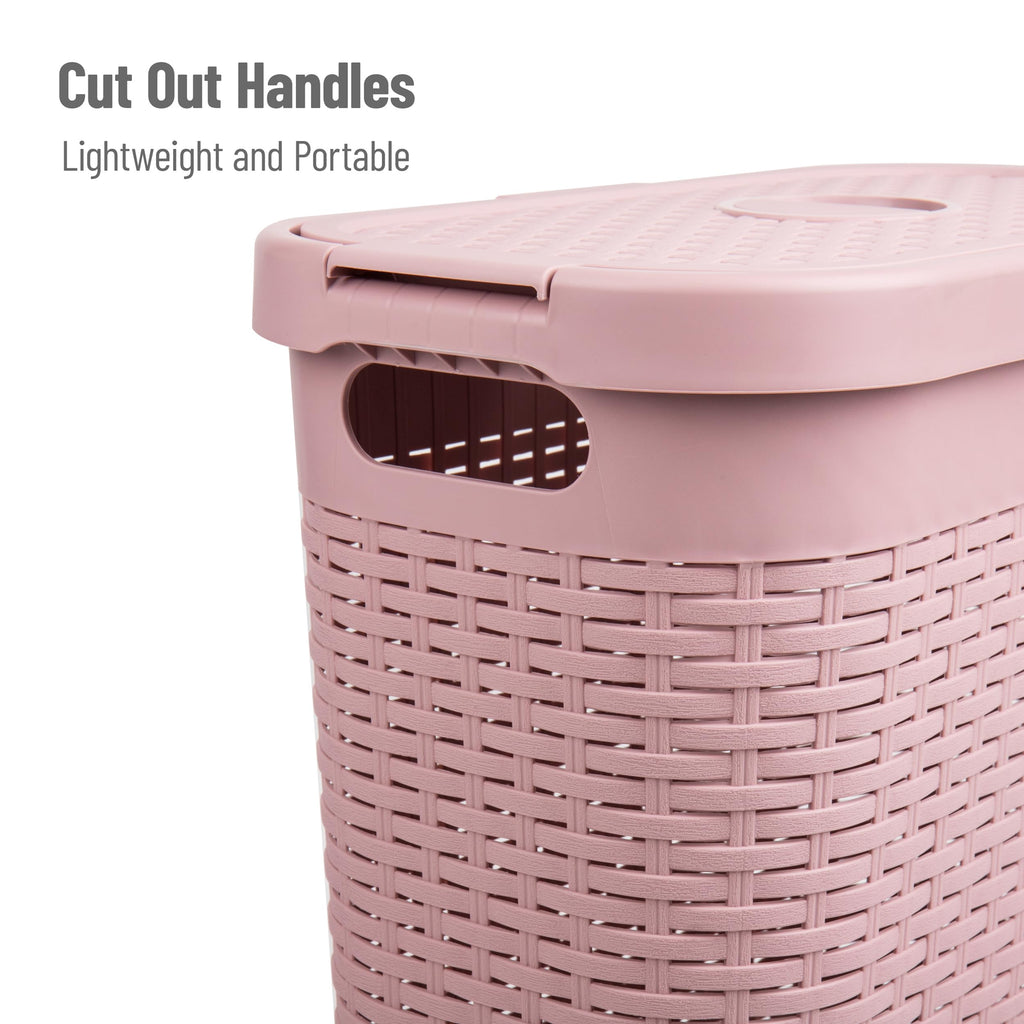 Slim Laundry Hamper with Lid, 40L Clothes Basket, Narrow Tapered Design with Ventilated Cutout Pattern, Plastic, Pink