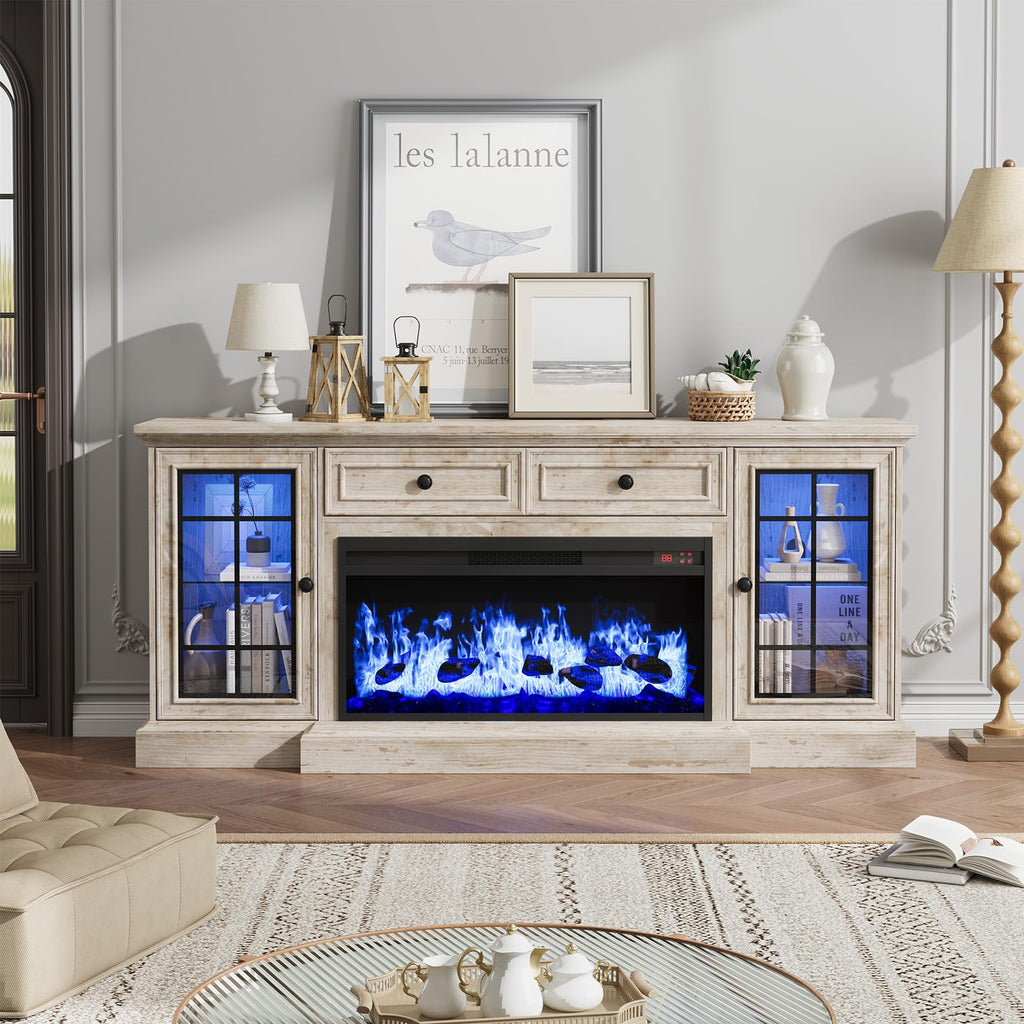 Fireplace TV Stand Up to 80" TVs, 70'' Modern Entertainment Center with 36" Electric Fireplace & LED Lights
