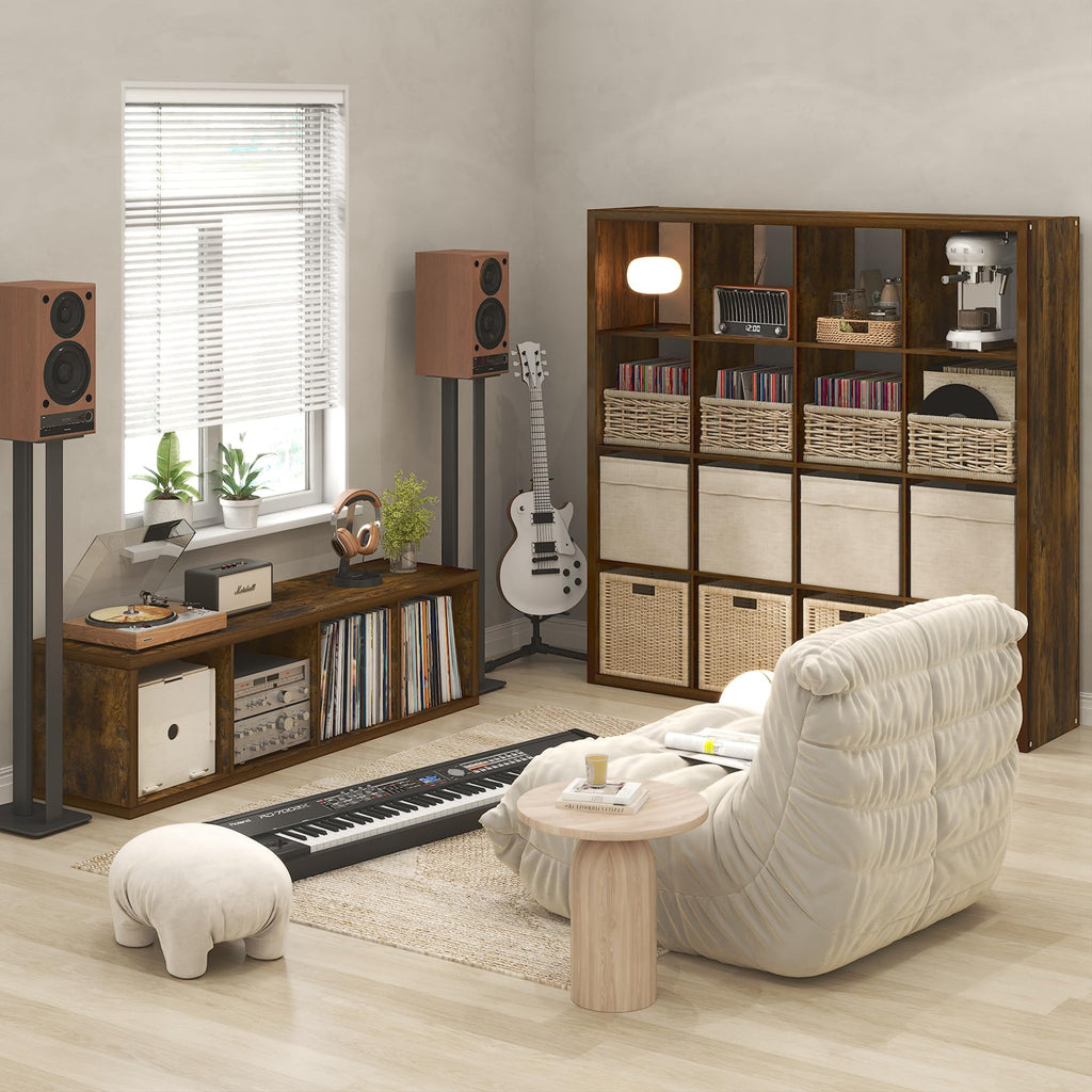 Cubicle Record Player Stand, 16-Cube Record Storage, Amber Pine