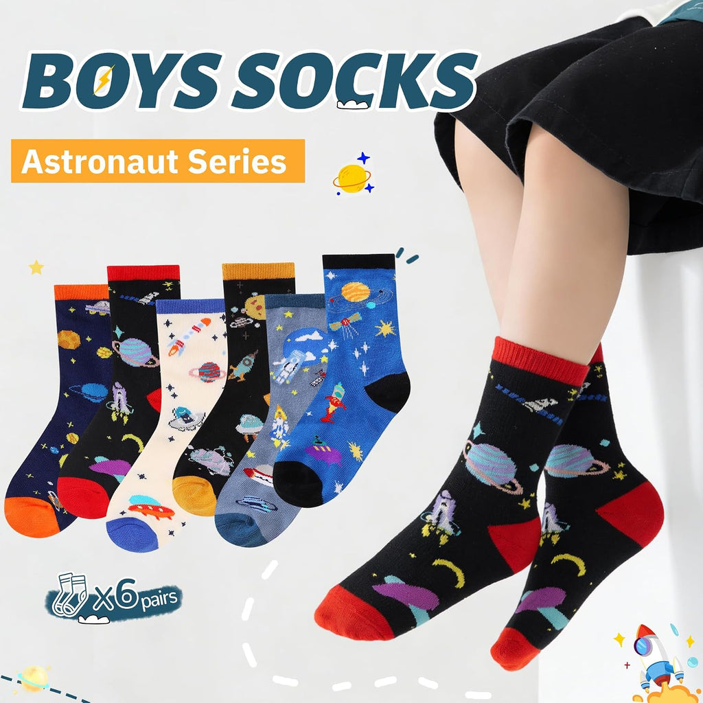 Boys Socks Kids Funny Cotton Novelty Crew Cartoon Space Dinosaur Crazy Socks 6 Pairs