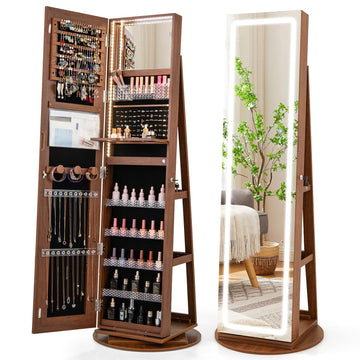 360° Swivel Jewelry Cabinet Armoire with Full Length Mirror, Standing Jewelry Storage Organizer with Rear Storage