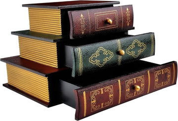 Vintage Decorative Organizer Wooden False Book Storage Box Jewelry Box with Three-layer Drawers (312)
