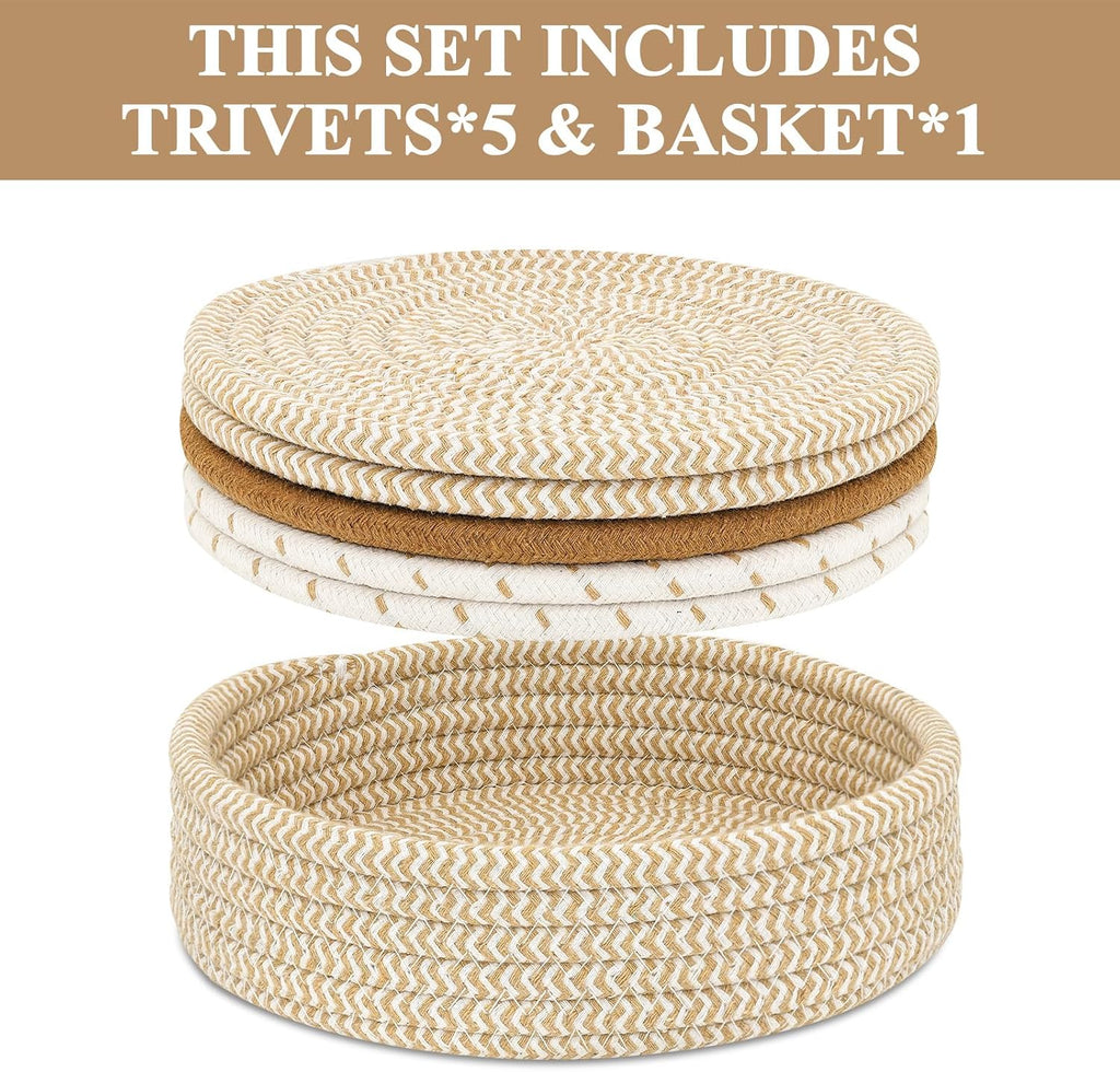 Trivets for Hot Dishes, Pots and Pans, Hot Pads with Storage Basket, Pot Holders, Heat Resistant Mat Protect Counter - Set of 5