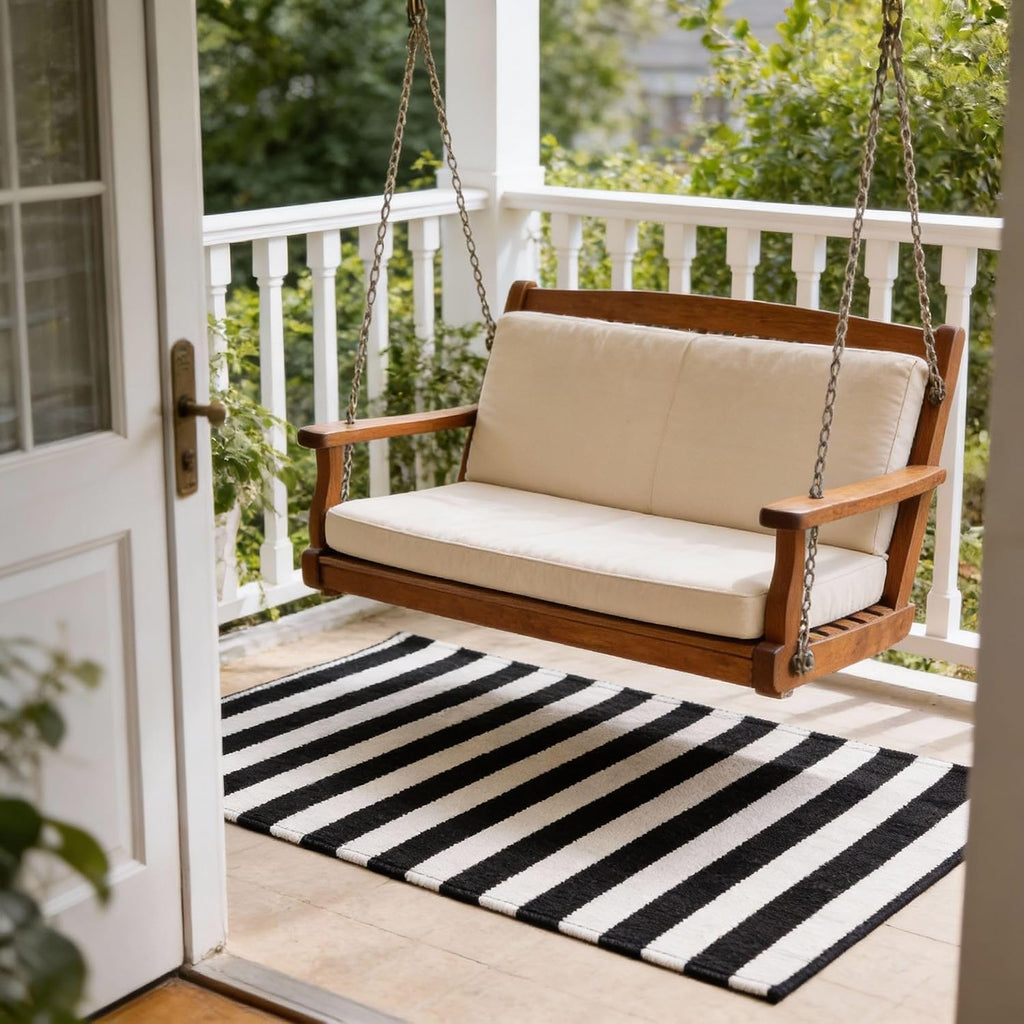 3 Pcs Black and White Striped Rug Buffalo Plaid Outdoor Rug