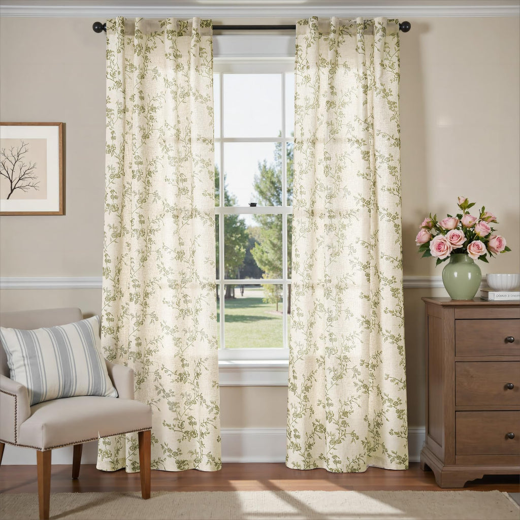 Extra Long Green Vintage Floral Linen Curtains Farmhouse 2 Panels