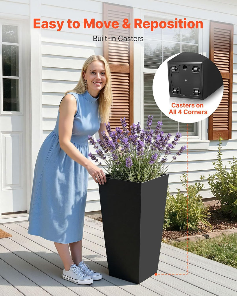 26 Inch Tall Planter Set of 2, Outdoor Large Tall Planters for Outdoor Indoor Plants, Tapered Black Planter for Front