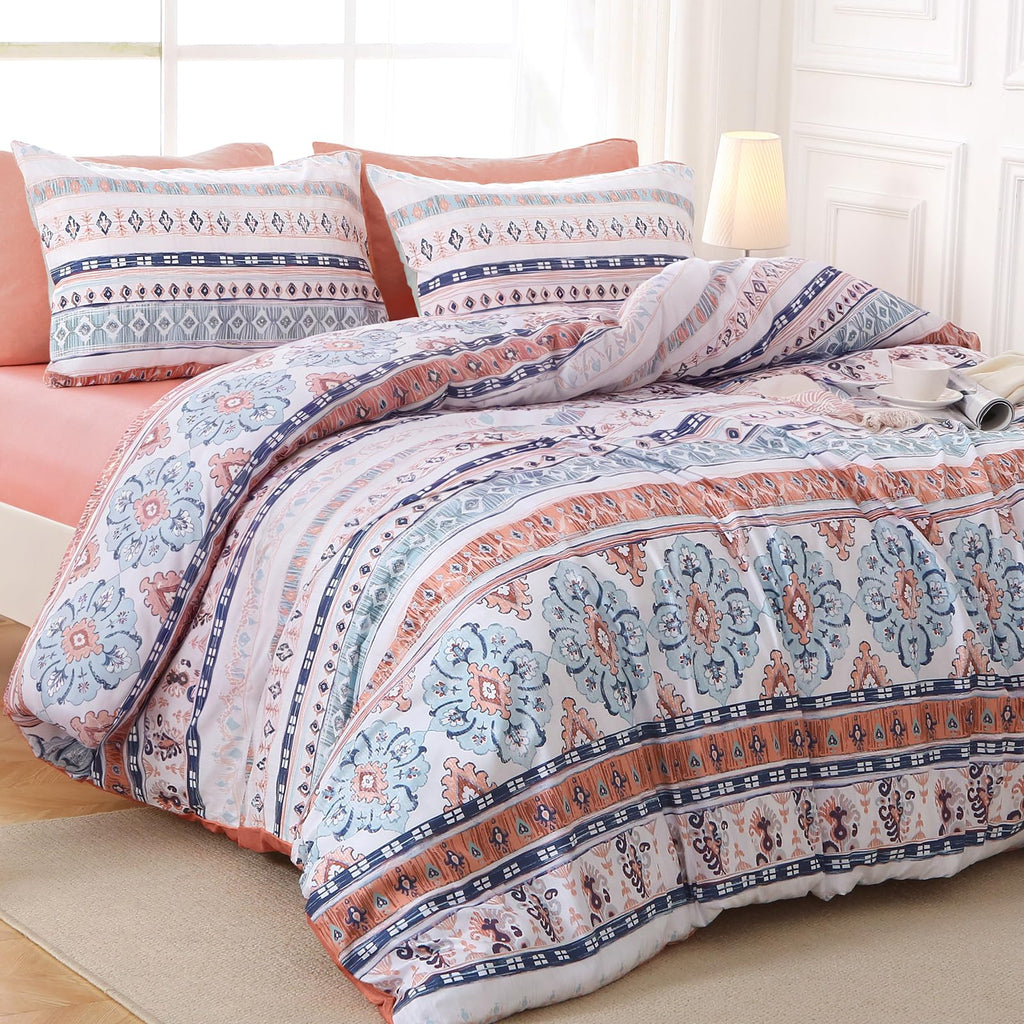 Queen Comforter Set, 7-Piece Floral Bed in a Bag, Boho Pink
