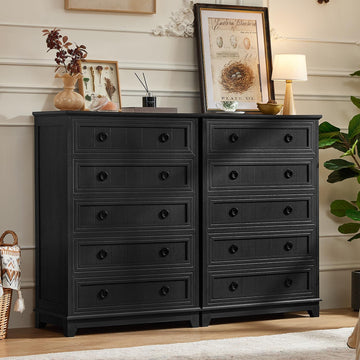 Farmhouse 5 Drawer Set of 2, 42" Tall Small Dressers & Chest of Drawers, Rustic Wood with Metal Handle, Storage