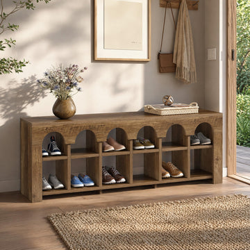 63" Entryway Bench with Shoe Storage, Farmhouse Bench with 12 Cubbies
