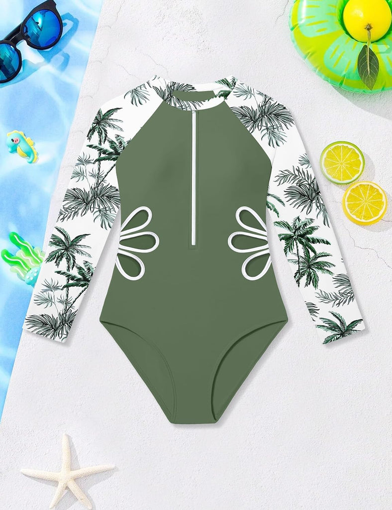 Girls Rash Guard Swimsuit UPF 50+ Long Sleeve Side Cutout Girl One Piece Swim Suit Bathing Suit Girls Swimwear