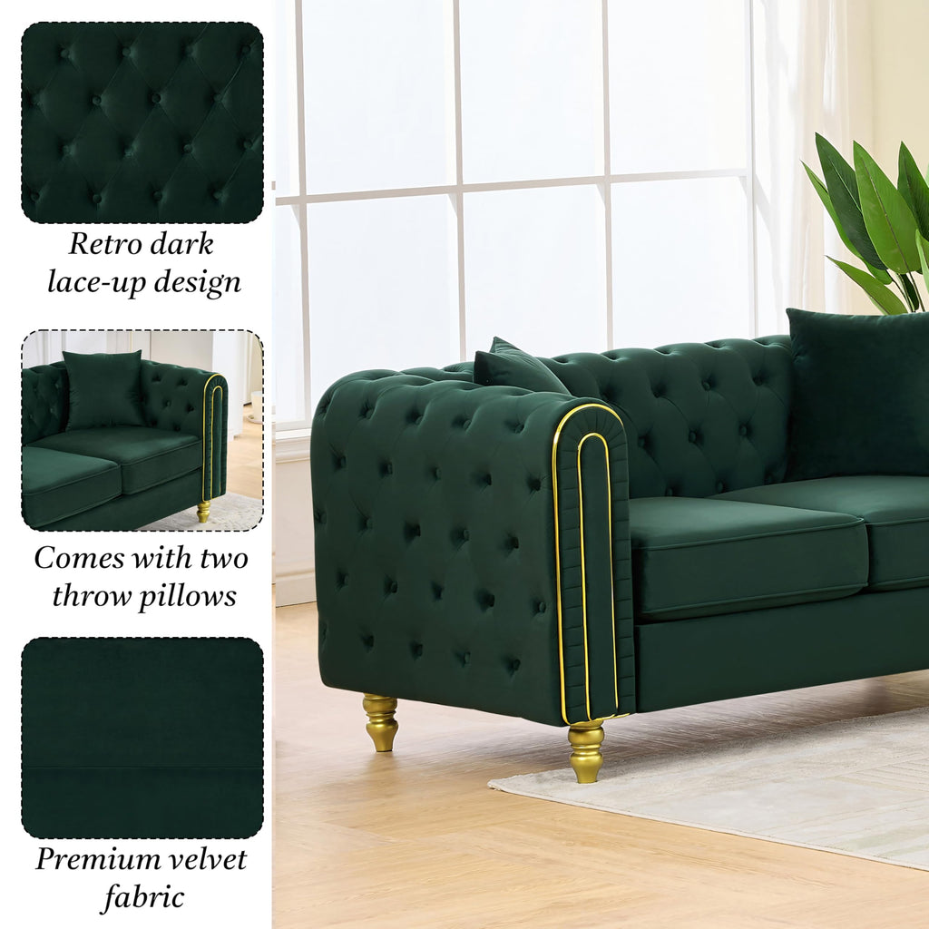 Chesterfield 86" 3-Seater + 63" Loveseat Green Sofa Sets, 3+2-Seater Couch Comfy Sofa, Button Tufted Rolled Arms and
