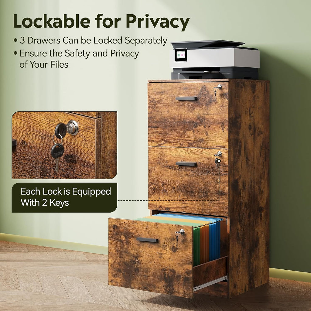 3 Drawer Wood File Cabinet , Fits Letter and A4 Size | Wooden Filing Cabinet with Lock, Vertical File Storage