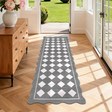 Checkered Hallway Runner Rug 2x6, Non Slip Washable Mat, Grey